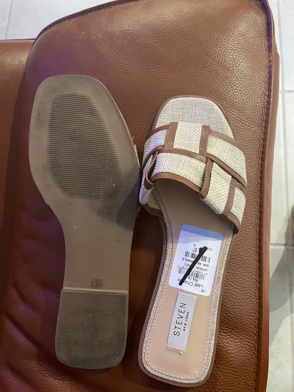 New with tags!! Steve by Seven Madden Cream and Brown Woven Slide Mules - Picture 2 of 4